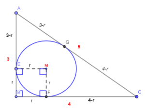 figuur 6: figuur 5 + verdeling van hypotenusa in twee delen met straal erin