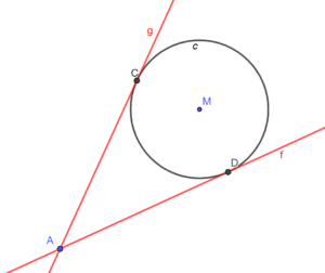 figuur 1: cirkel met 2 raaklijnen vanuit punt buiten cirkel