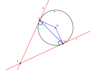 figuur 6: figuur 5 + overige delen van rechte hoeken; deze zijn gelijk, dus ook een gelijkbenige driehoek