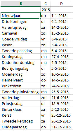 Voorbeeld functie Feestdagen